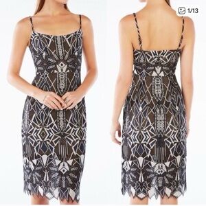 BCBGMaxAzria Black and Silver Patterned Midi Dress